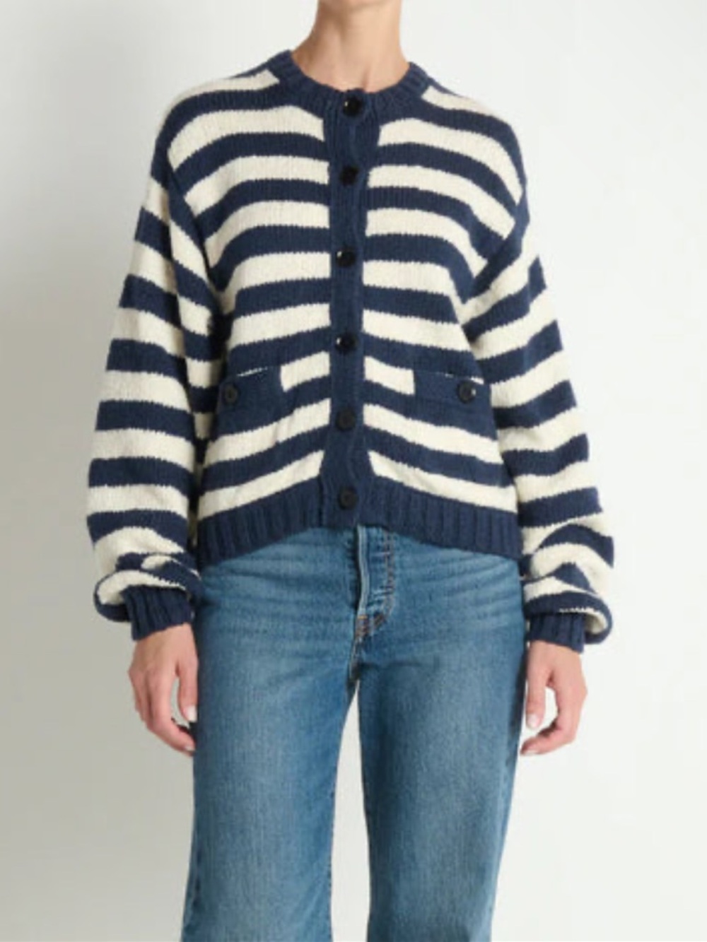 Tessa Striped Button-Up Cardigan in Navy and Cream- Nation